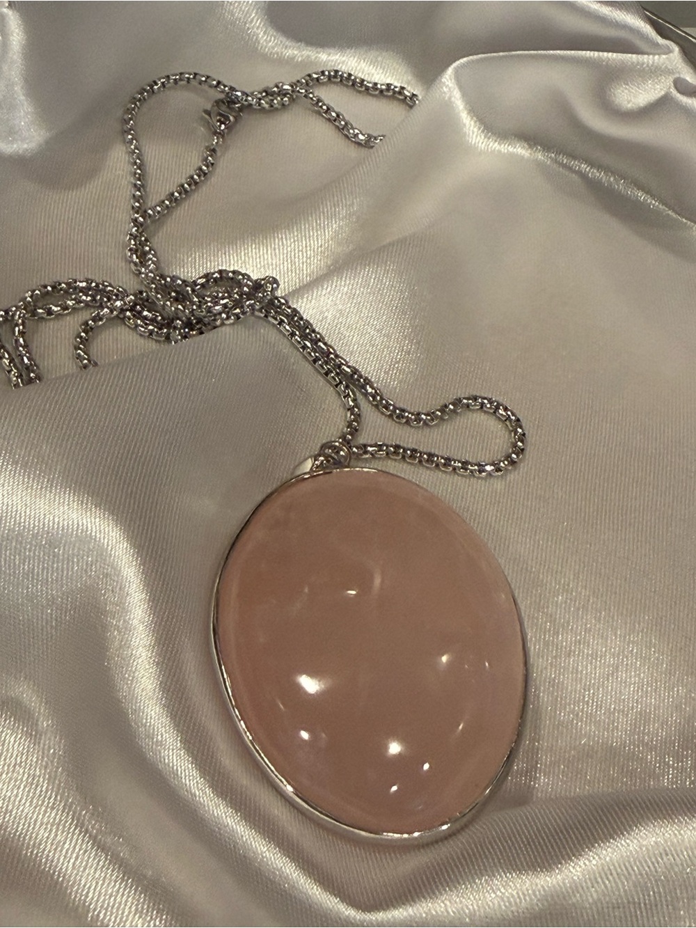 Genuine Large Rose Quartz Pink Oval Pendant with Chain